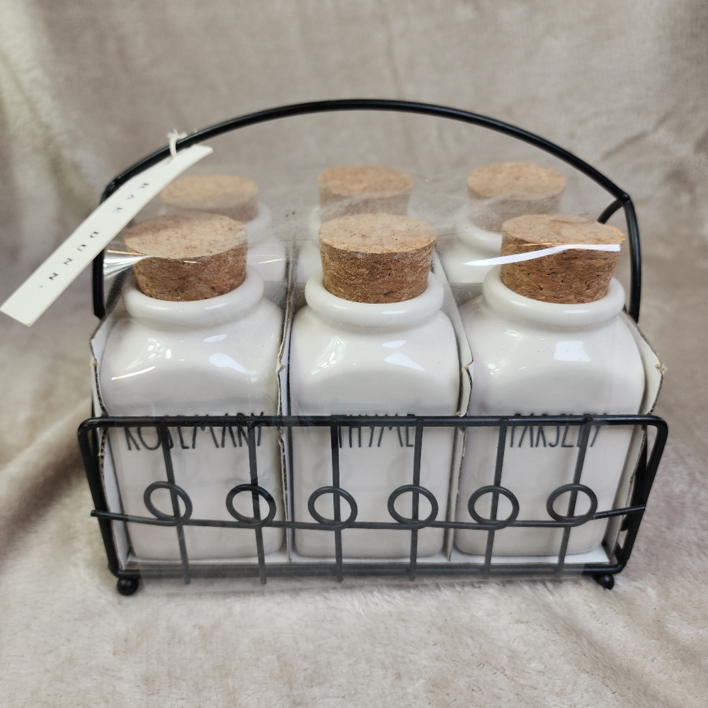 Rae Dunn Ceramic Cork Herb Jars Carrier Rosemary Dill Parsley Thyme Sage Oregano